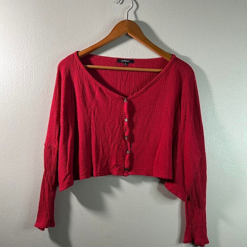 Cherry Red Romantic Lagenlook Layering Prairie Boho Long Sleeve Ribbed Blouse